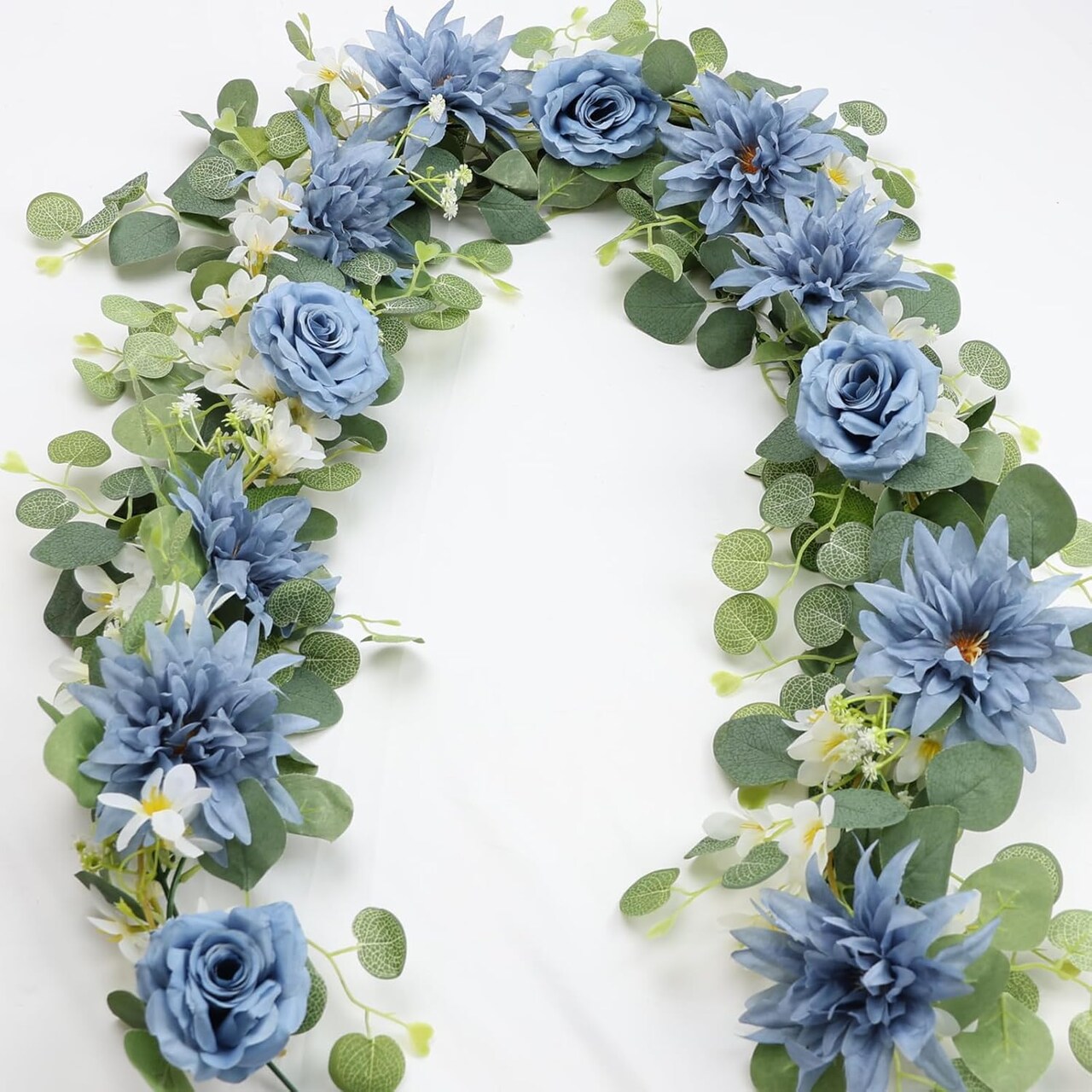 Artificial Flowers Garlands - 5.6 FT Eucalyptus Garlands with Multi-Flower Variety in Dusty Blue & White, Rustic Elegant Style for Wedding Decorations